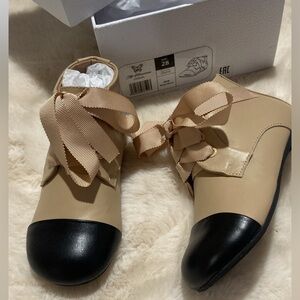 Age of Innocence brand shoes NEW
Beige and Black Ankle Boots with Ribbon